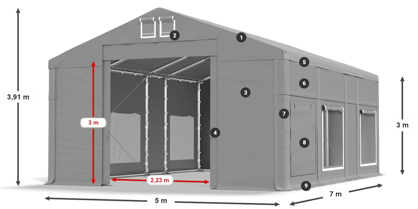 Střecha: FR 620 PVC Stěny: SD 500 PVC 3m legenda