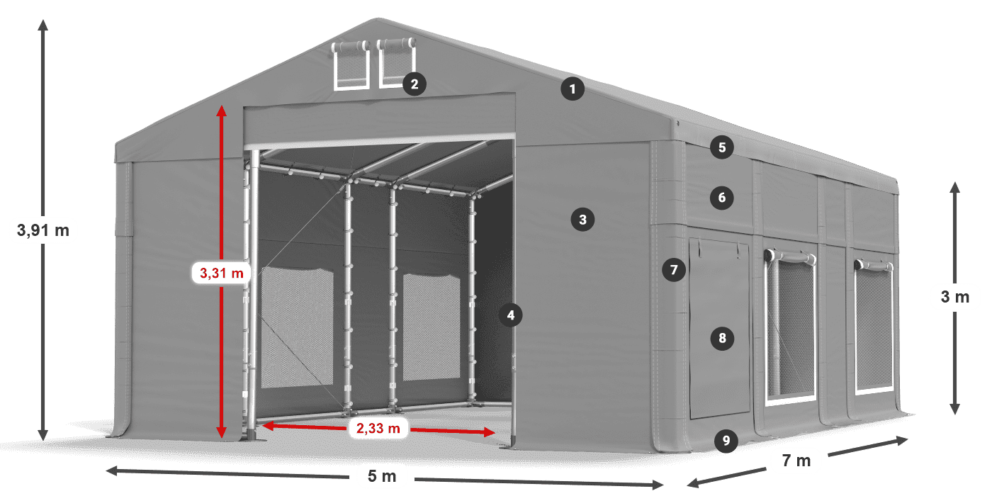 Střecha: FR 620 PVC Stěny: SD 500 PVC 3m legenda
