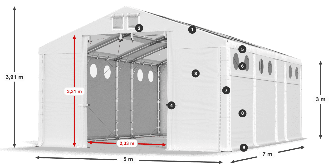 Střecha: MS T 580 PVC Stěny: FR O 620 PVC 3m legenda