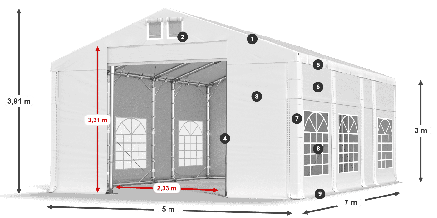 Střecha: MS 580 PVC Stěny: FR 620 PVC 3m legenda