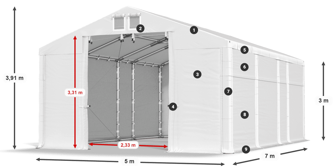 Střecha: MS 580 PVC Stěny: FR 620 PVC  3m legenda