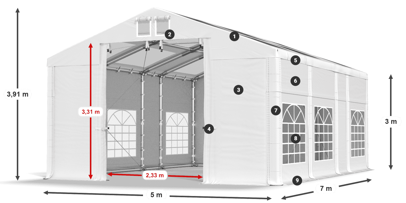 Střecha: MS T 580 PVC Stěny: FR 620 PVC 3m legenda