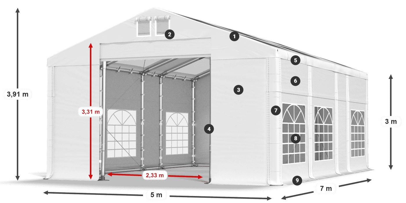 Střecha: MS T 580 PVC Stěny: FR 620 PVC 3m legenda