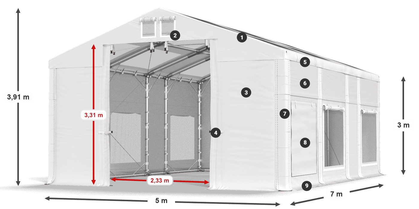 Střecha: MS T 580 PVC Stěny: SD M 500 PVC 3m legenda