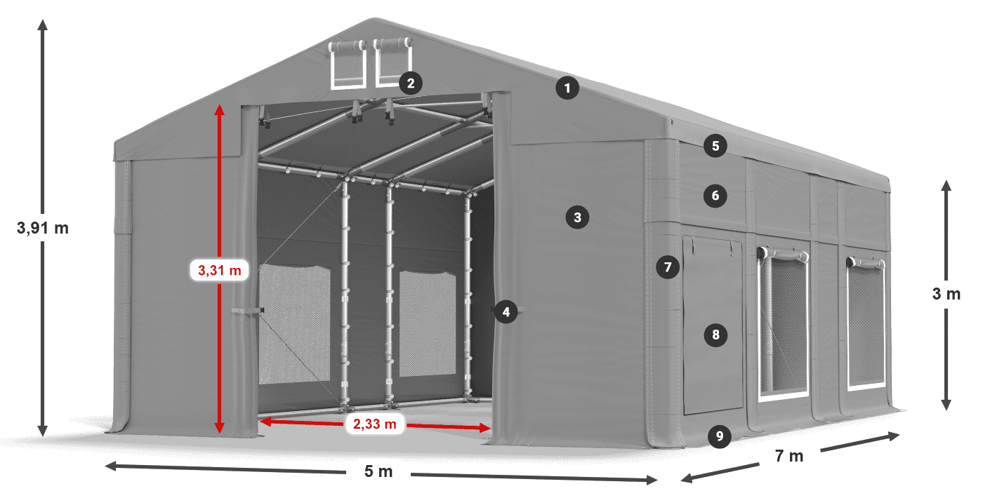 Střecha: MS 580 PVC Stěny: SD M 500 PVC 3m legenda