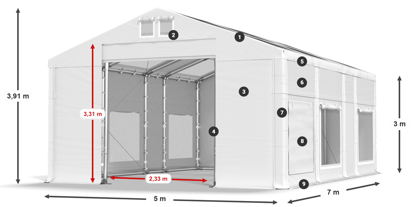 Střecha: MS T 580 PVC Stěny: SD M 500 PVC 3m legenda