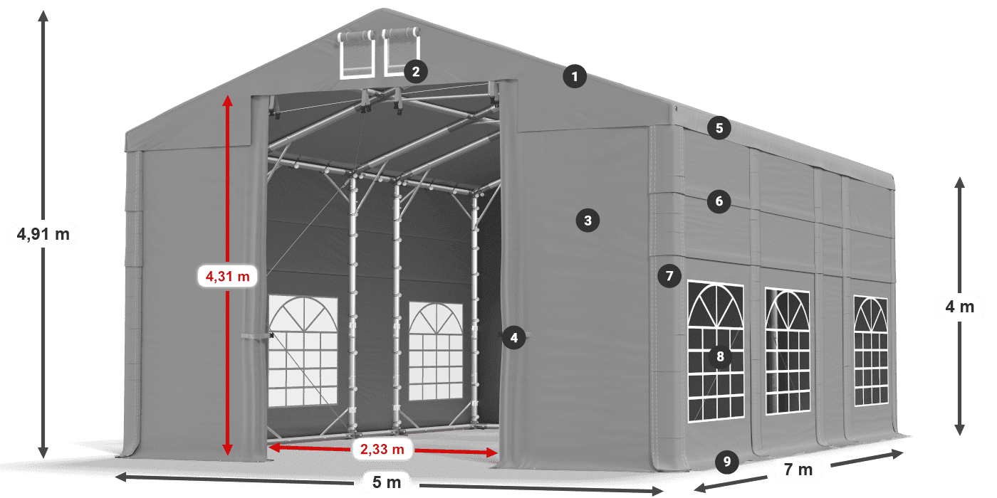 Střecha: FR 620 PVC Stěny: SD 500 PVC 4m legenda