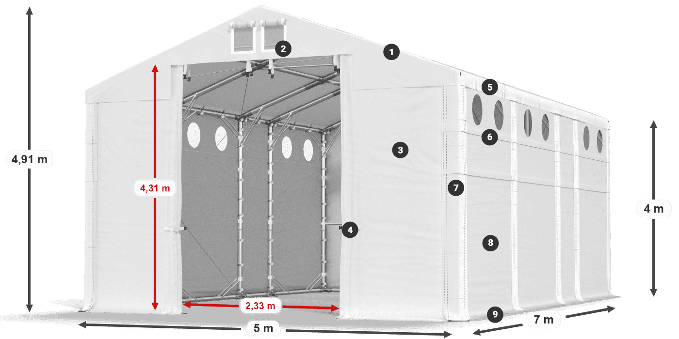 Střecha: FR 620 PVC Stěny: SD O 500 PVC 4m legenda