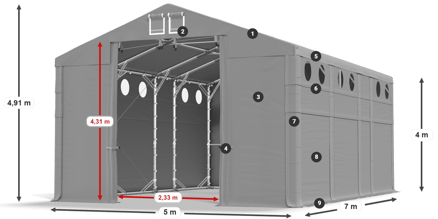Střecha: FR 620 PVC Stěny: SD O 500 PVC 4m legenda