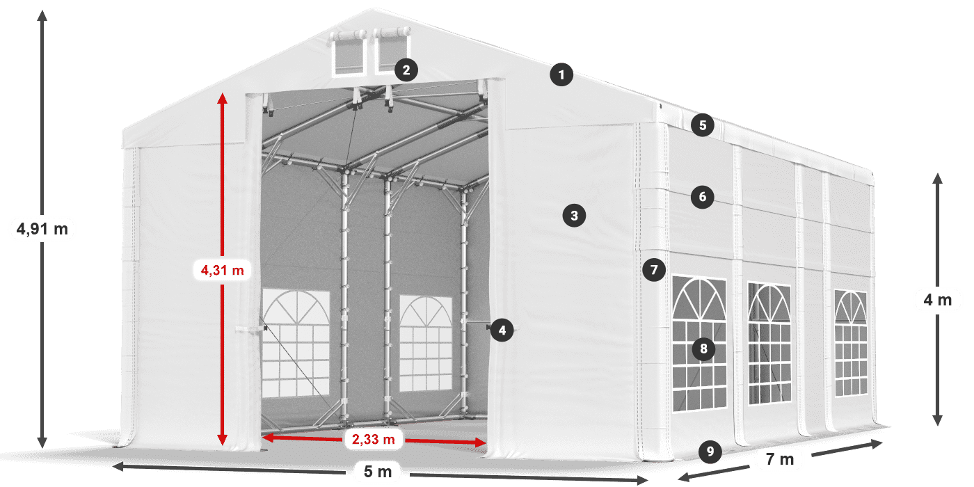 Střecha: FR 620 PVC Stěny: SD 500 PVC 4m legenda