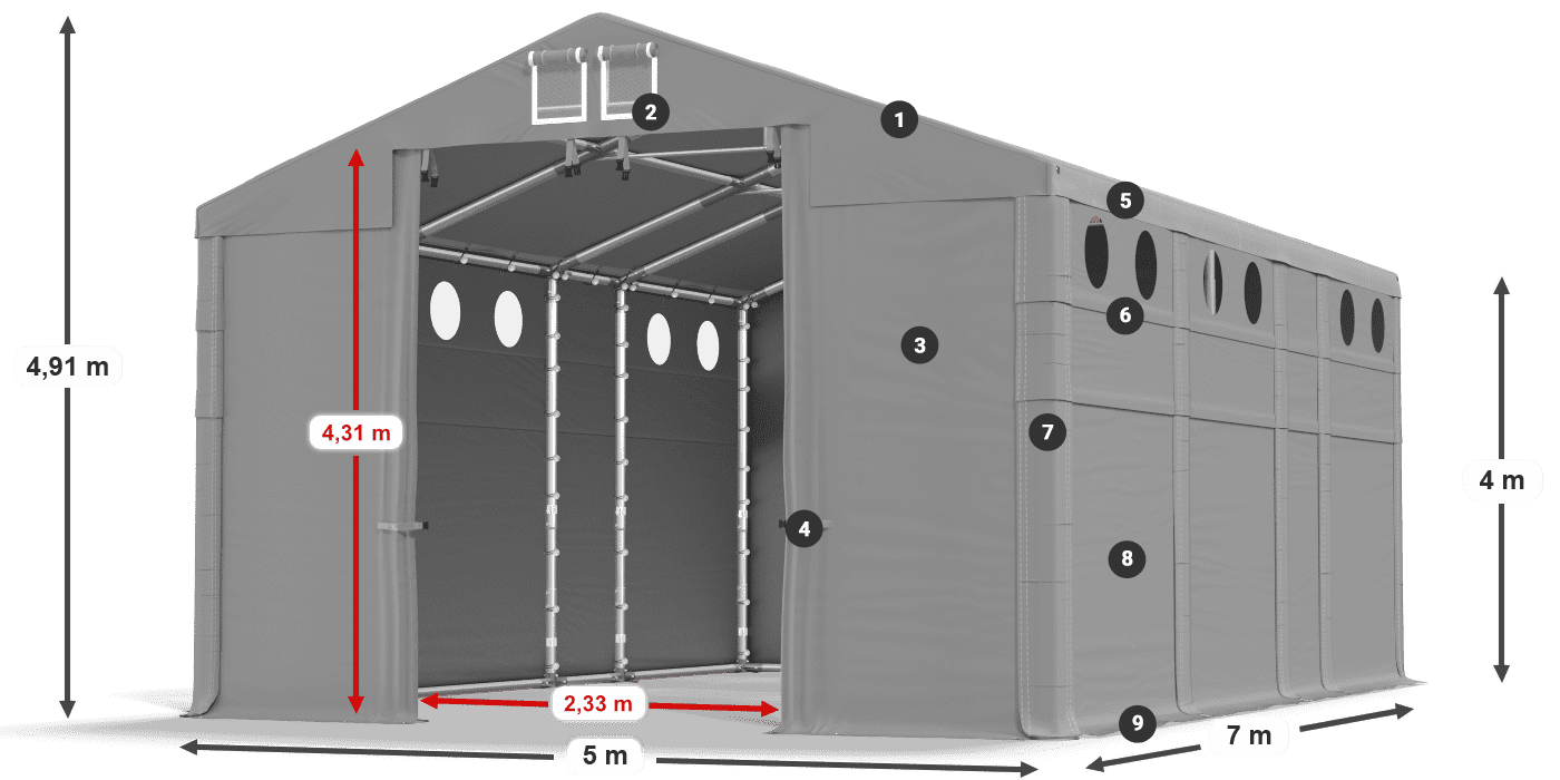 Střecha: FR 620 PVC Stěny: SD O 500 PVC 4m legenda