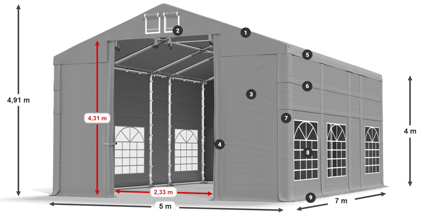 Střecha: FR 620 PVC Stěny: SD 500 PVC 4m legenda