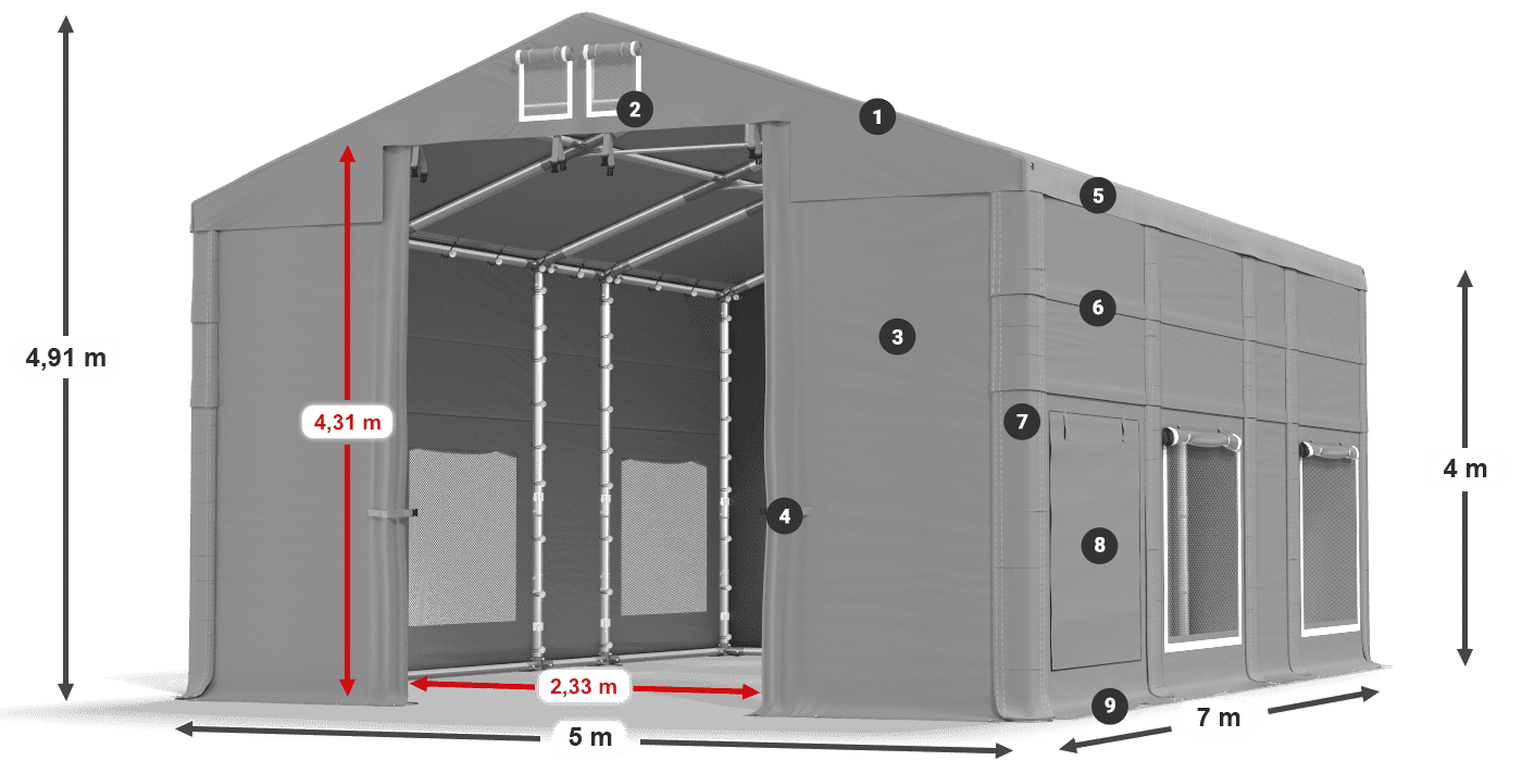 Střecha: FR 620 PVC Stěny: SD 500 PVC 4m legenda