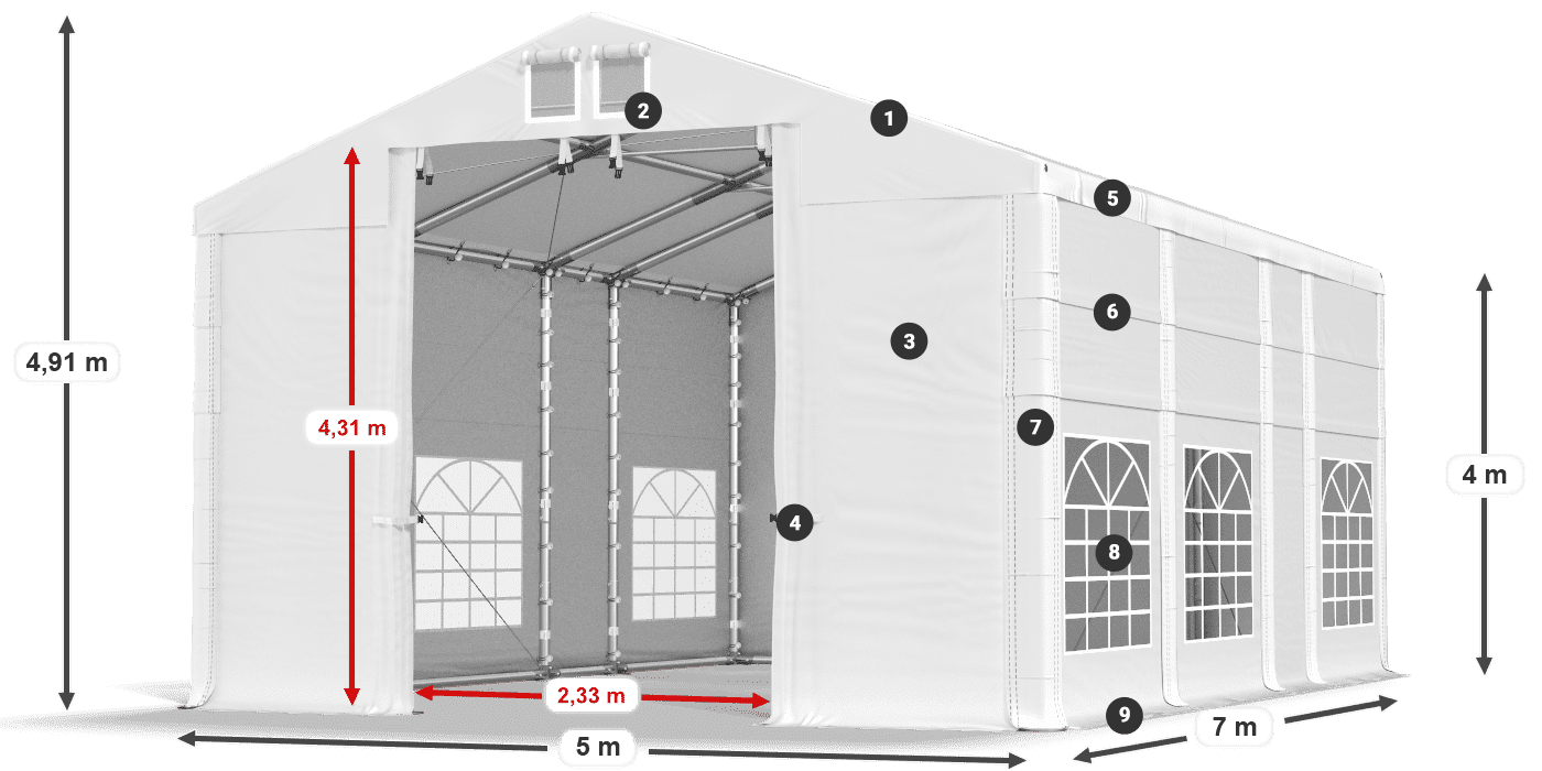 Střecha: MS 580 PVC Stěny: FR 620 PVC 4m legenda
