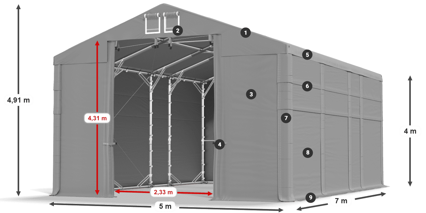 Střecha: MS 580 PVC Stěny: SD 500 PVC 4m legenda