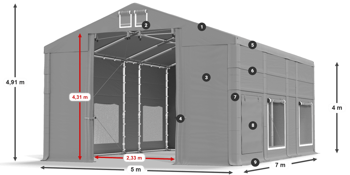 Střecha: MS 580 PVC Stěny: SD M 500 PVC 4m legenda