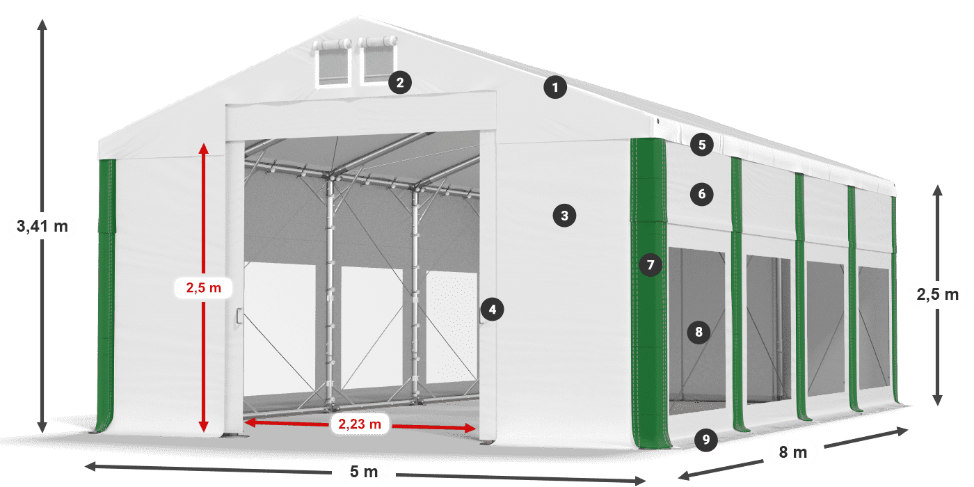 Střecha: FR 620 PVC Stěny: MS 580 PVC 2,5 m legenda