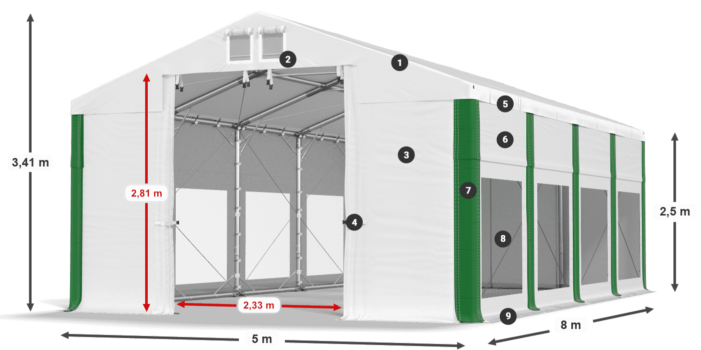 Střecha: FR 620 PVC Stěny: MS 580 PVC 2,5 m legenda