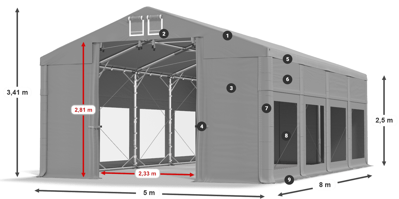 Střecha: FR 620 PVC Stěny: MS 580 PVC 2,5 m legenda