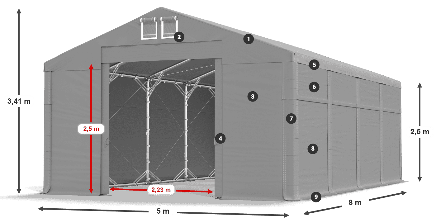 Střecha: FR 620 PVC Stěny: MS 580 PVC 2,5 m legenda