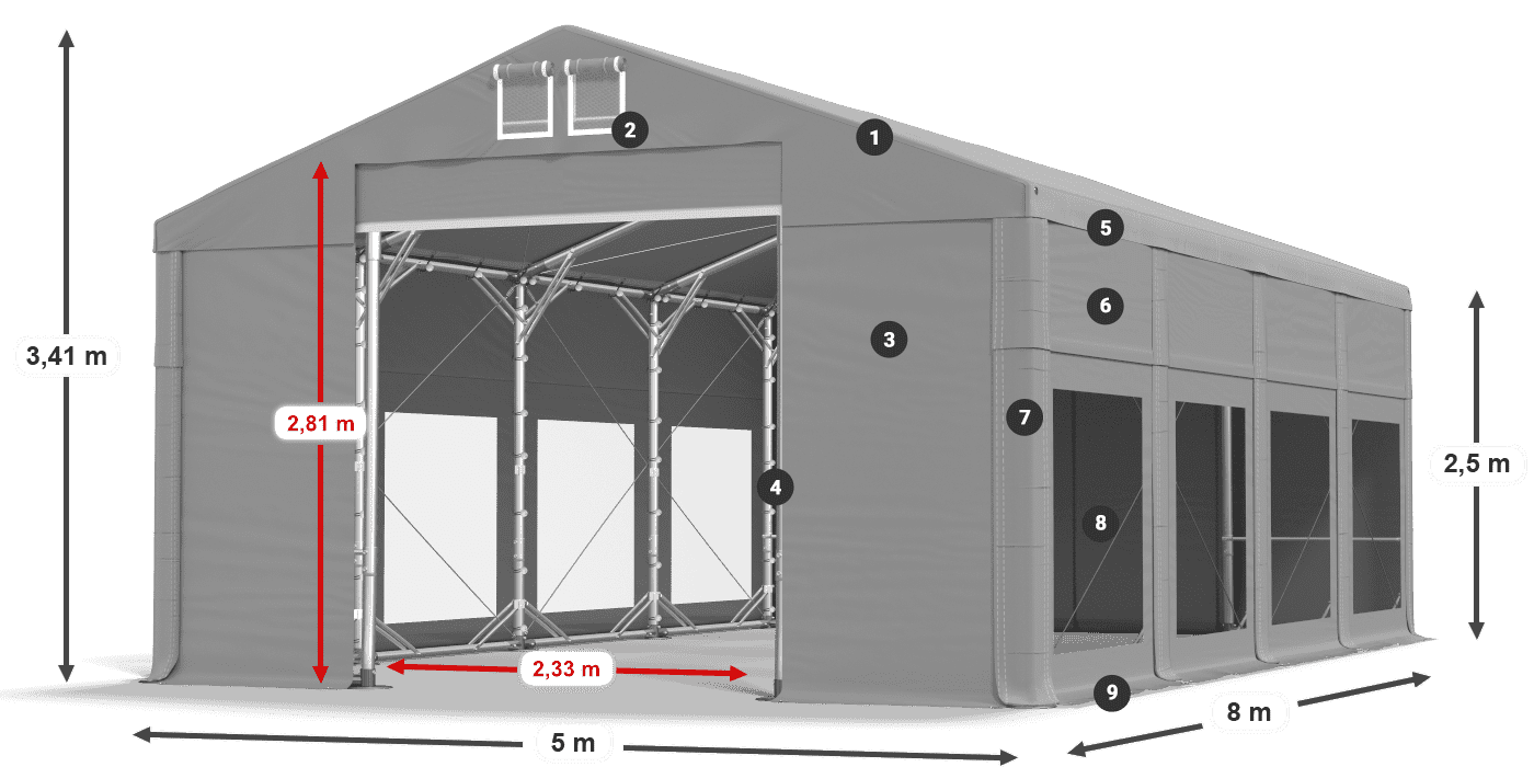 Střecha: FR 620 PVC Stěny: MS 580 PVC 2,5 m legenda
