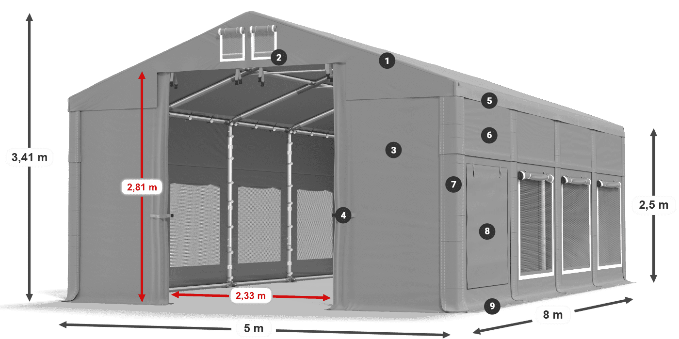 Střecha: FR 620 PVC Stěny: SD 500 PVC 2,5 m legenda
