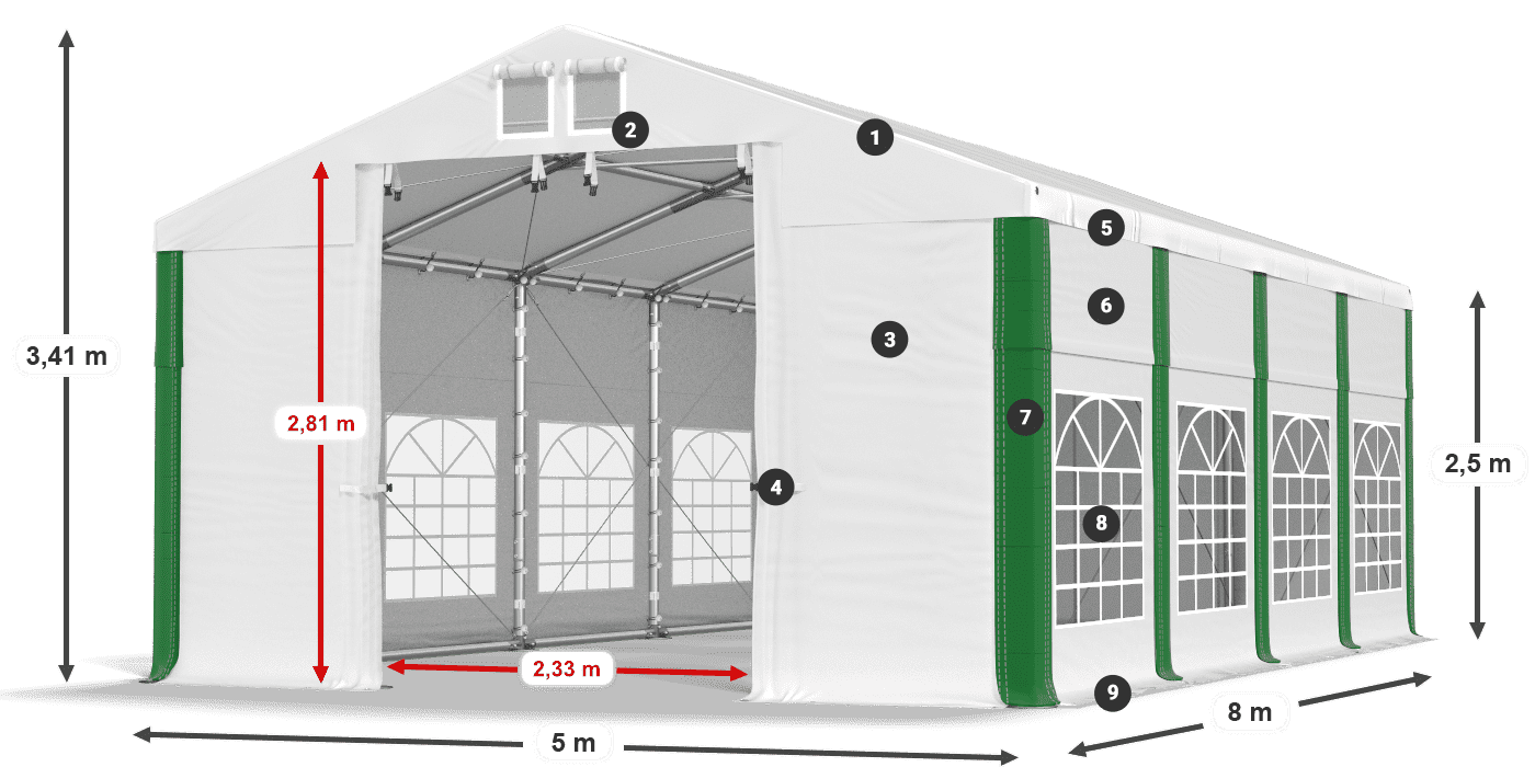 Střecha: FR 620 PVC Stěny: SD 500 PVC 2,5 m legenda