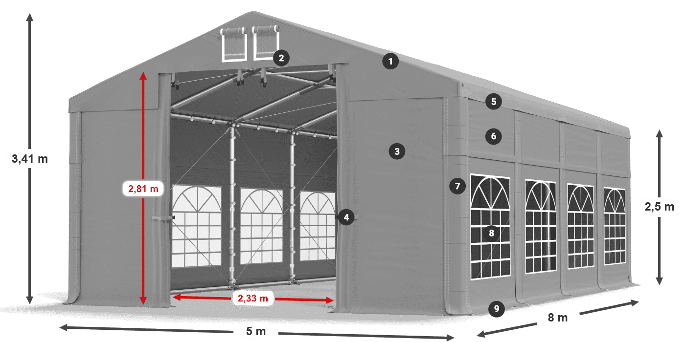 Střecha: FR 620 PVC Stěny: SD 500 PVC 2,5 m legenda
