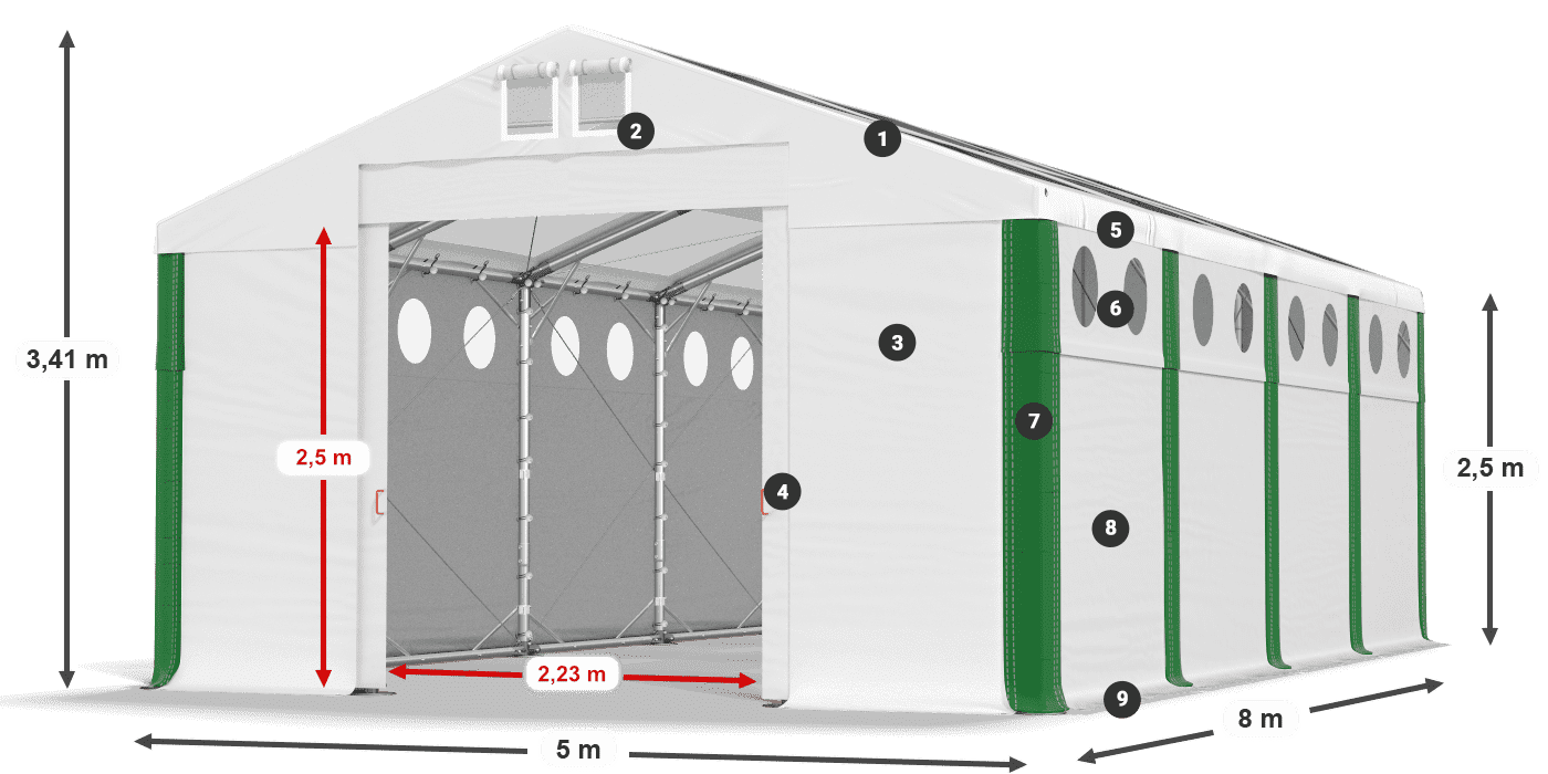 Střecha: MS T 580 PVC Stěny: FR O 620 PVC 2,5 m legenda