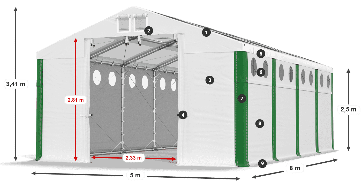 Střecha: MS T 580 PVC Stěny: FR O 620 PVC 2,5 m legenda
