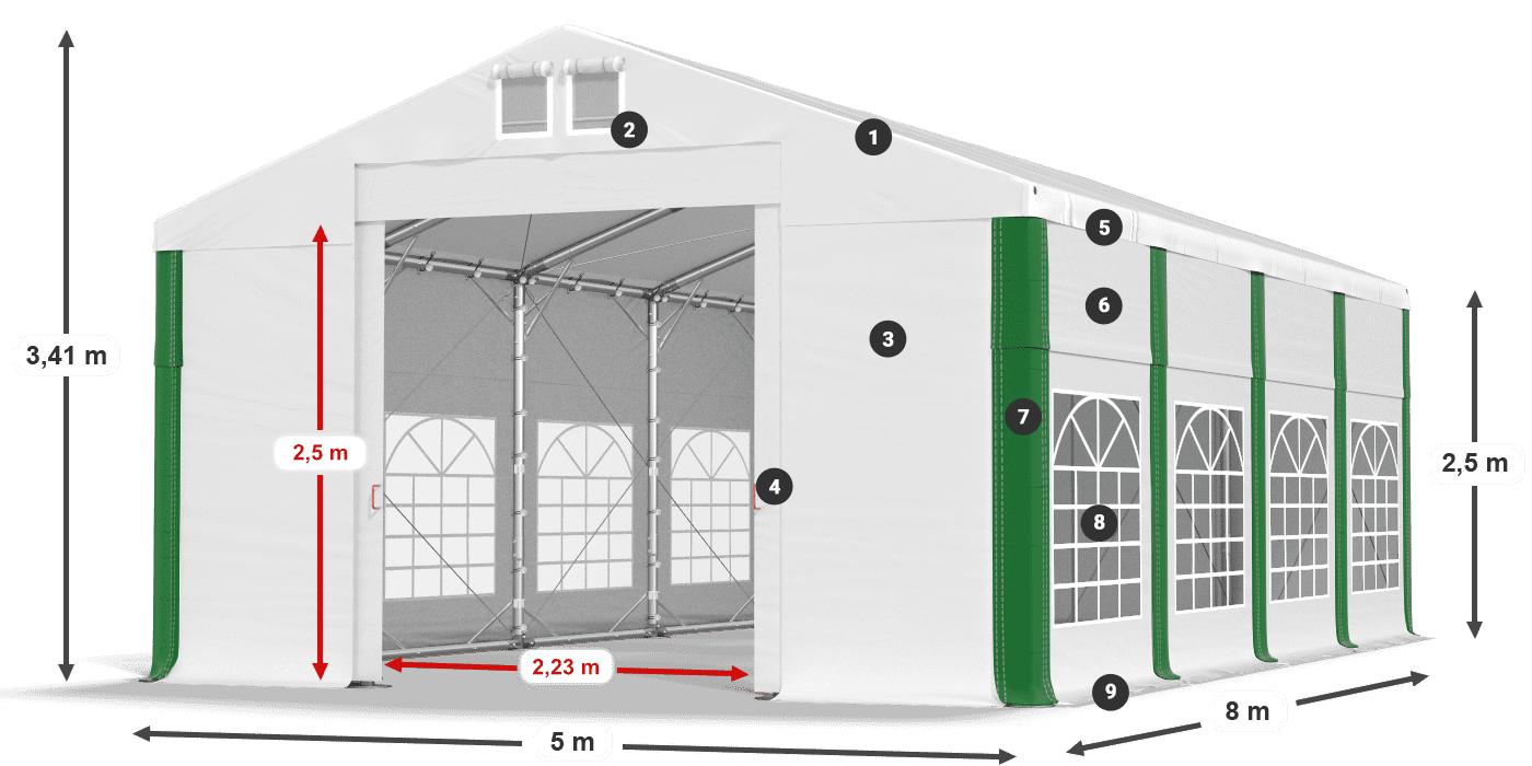 Střecha: MS 580 PVC Stěny: FR 620 PVC 2,5 m legenda
