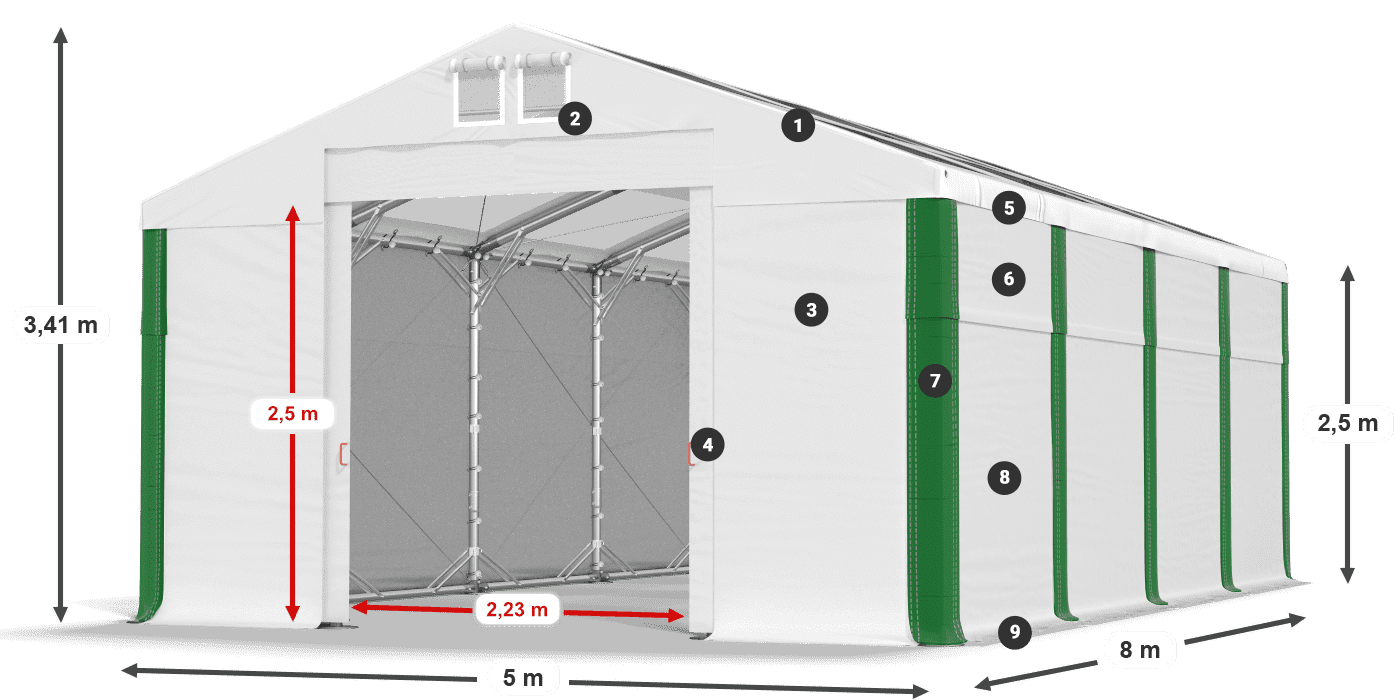 Střecha: MS T 580 PVC Stěny: FR 620 PVC 2,5 m legenda