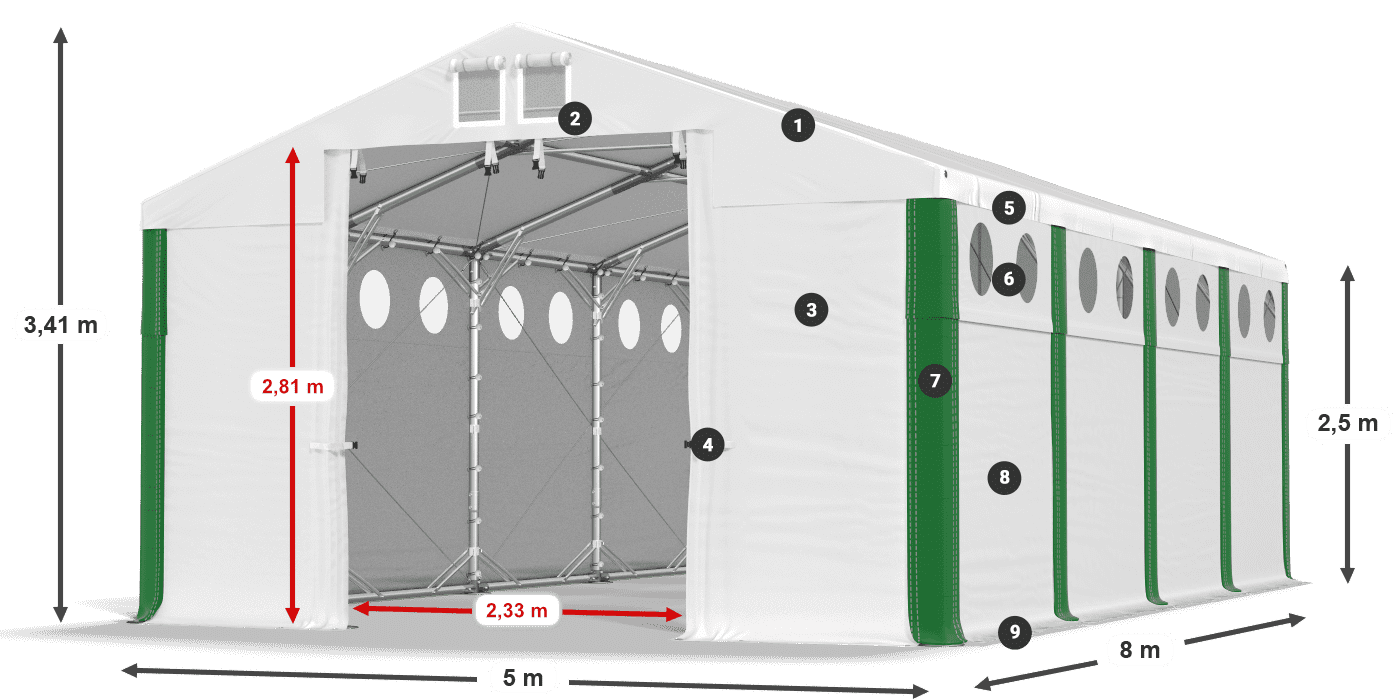 Střecha: MS 580 PVC Stěny: FR O 620 PVC 2,5 m legenda