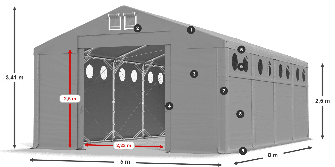 Střecha: MS 580 PVC Stěny: FR O 620 PVC 2,5 m legenda