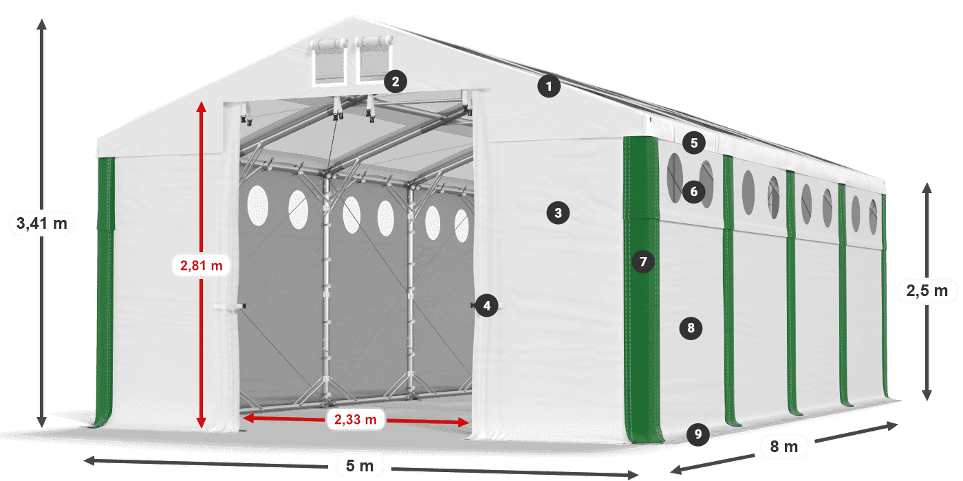 Střecha: MS T 580 PVC Stěny: FR O 620 PVC 2,5 m legenda