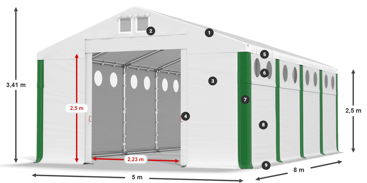 Střecha: MS 580 PVC Stěny: FR O 620 PVC 2,5 m legenda