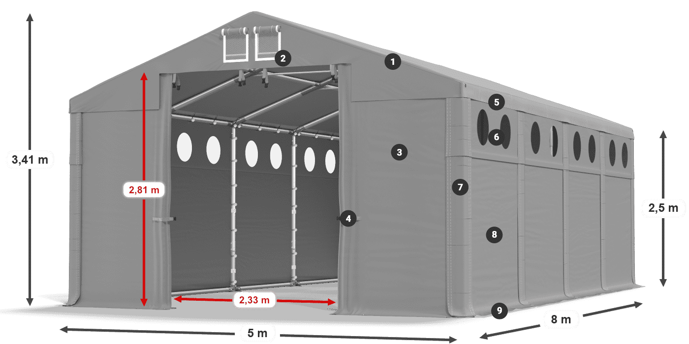 Střecha: MS 580 PVC Stěny: FR O 620 PVC 2,5 m legenda