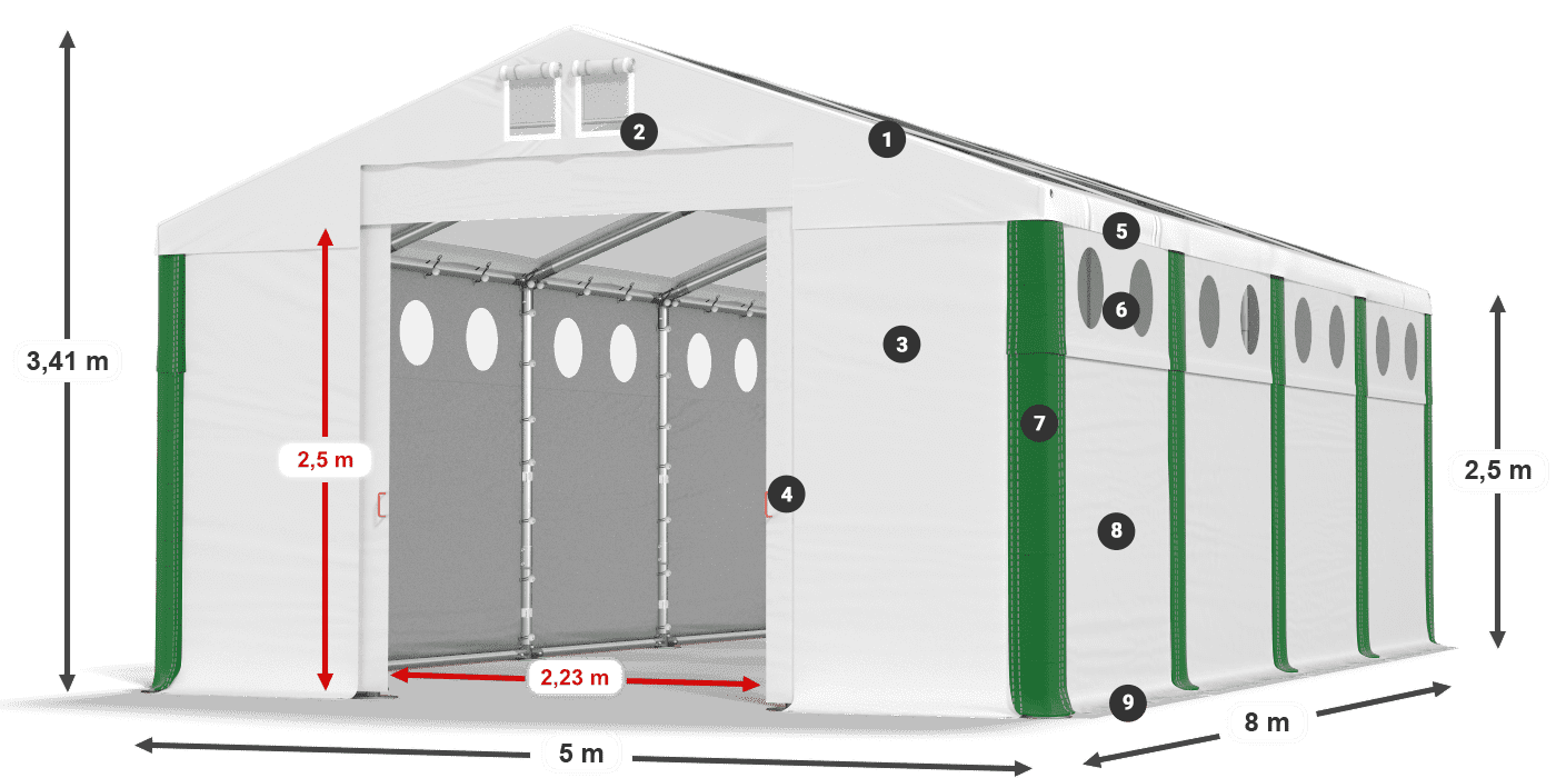 Střecha: MS T 580 PVC Stěny: FR O 620 PVC 2,5 m legenda