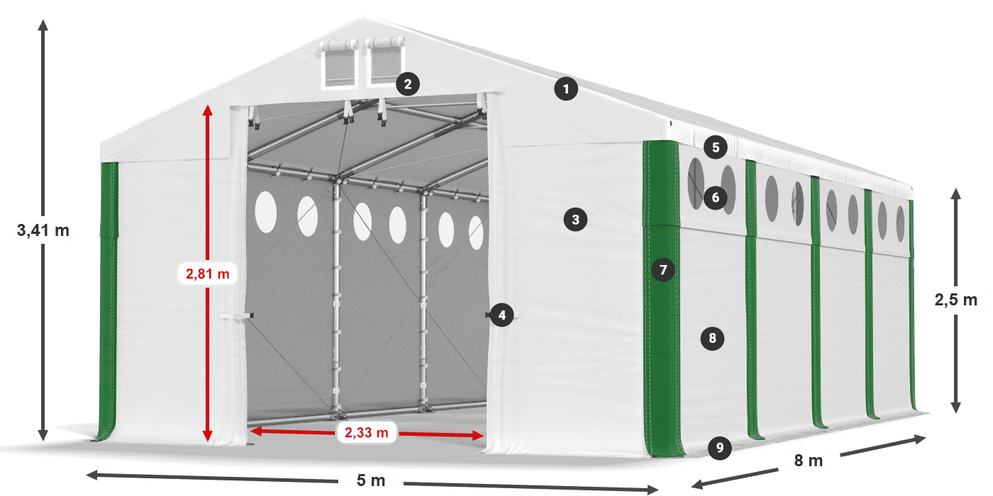 Střecha: MS 580 PVC Stěny: FR O 620 PVC 2,5 m legenda