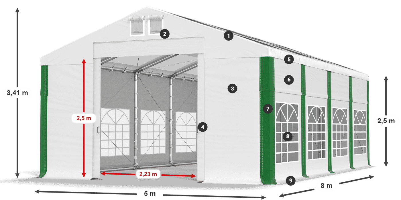Střecha: MS T 580 PVC Stěny: FR 620 PVC 2,5 m legenda