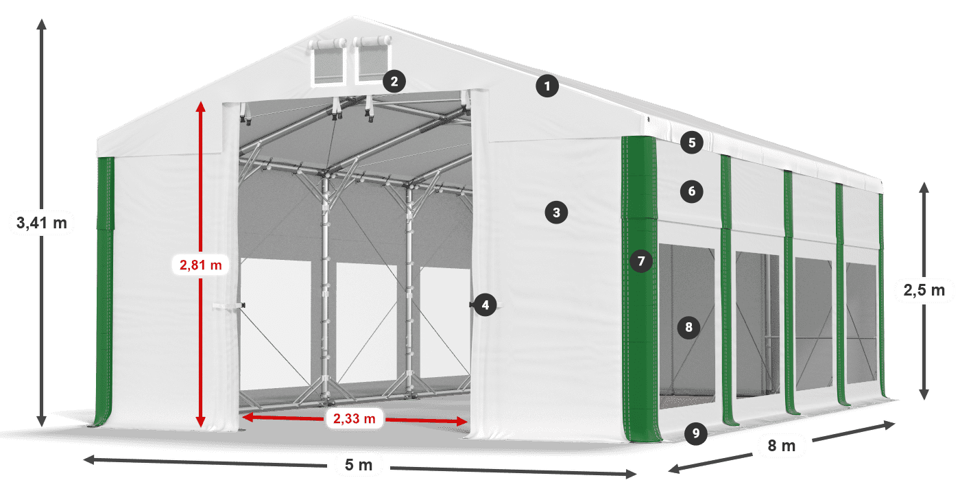 Střecha: MS 580 PVC Stěny: MS 580 PVC 2,5 m legenda