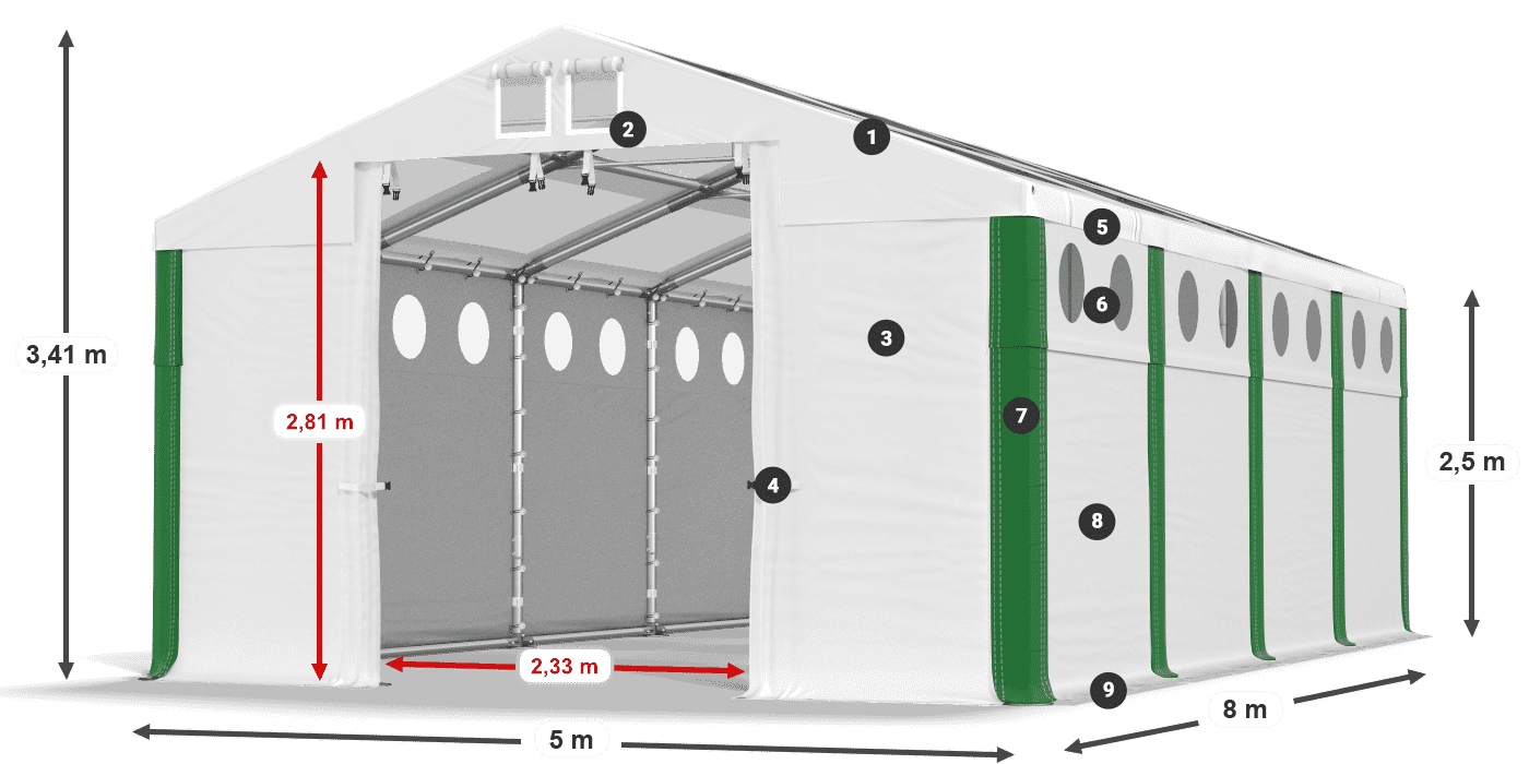 Střecha: MS T 580 PVC Stěny: MS O 580 PVC 2,5 m legenda