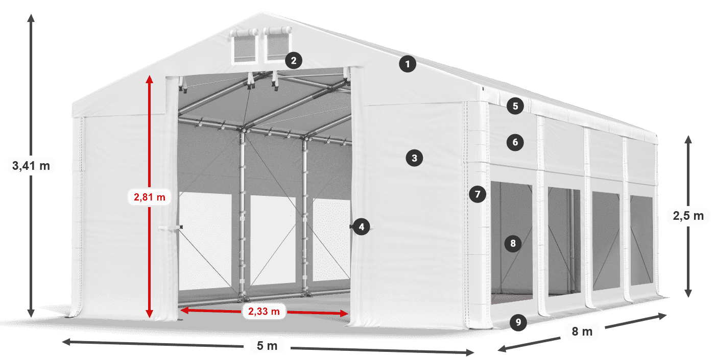 Střecha: MS 580 PVC Stěny: MS 580 PVC 2,5 m legenda