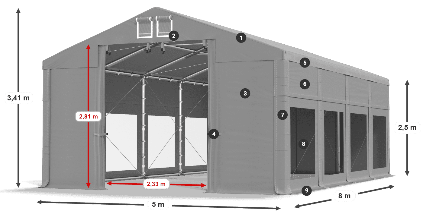 Střecha: MS 580 PVC Stěny: MS 580 PVC 2,5 m legenda
