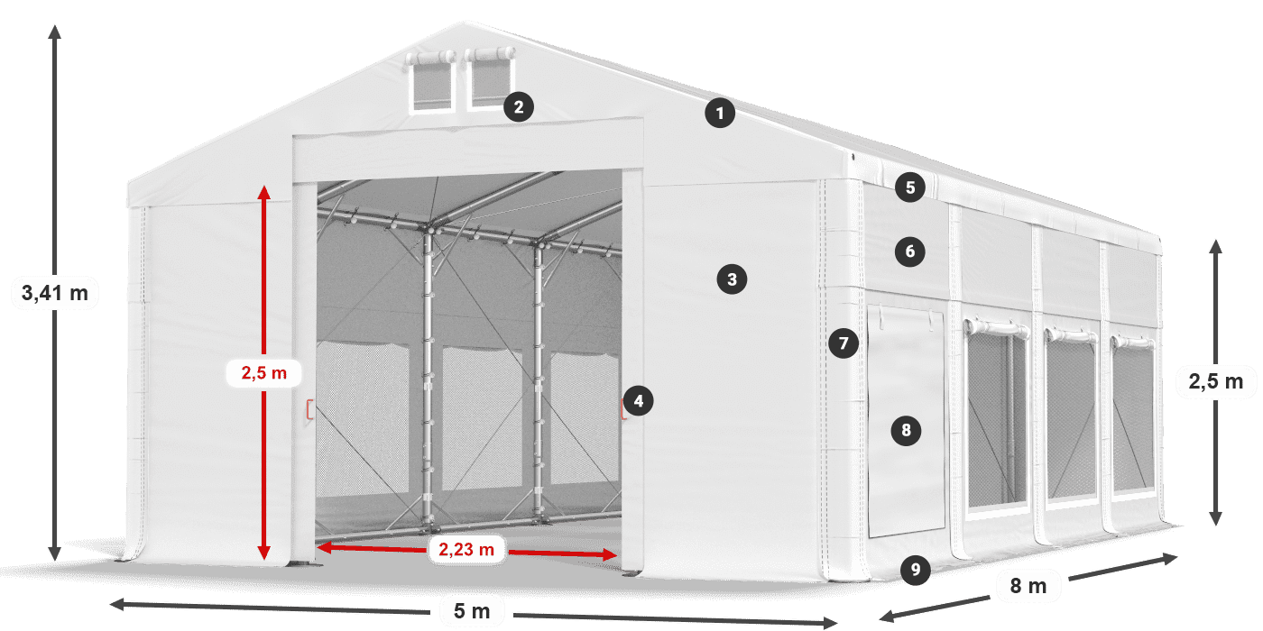 Střecha: MS 580 PVC Stěny: SD M 500 PVC 2,5 m legenda