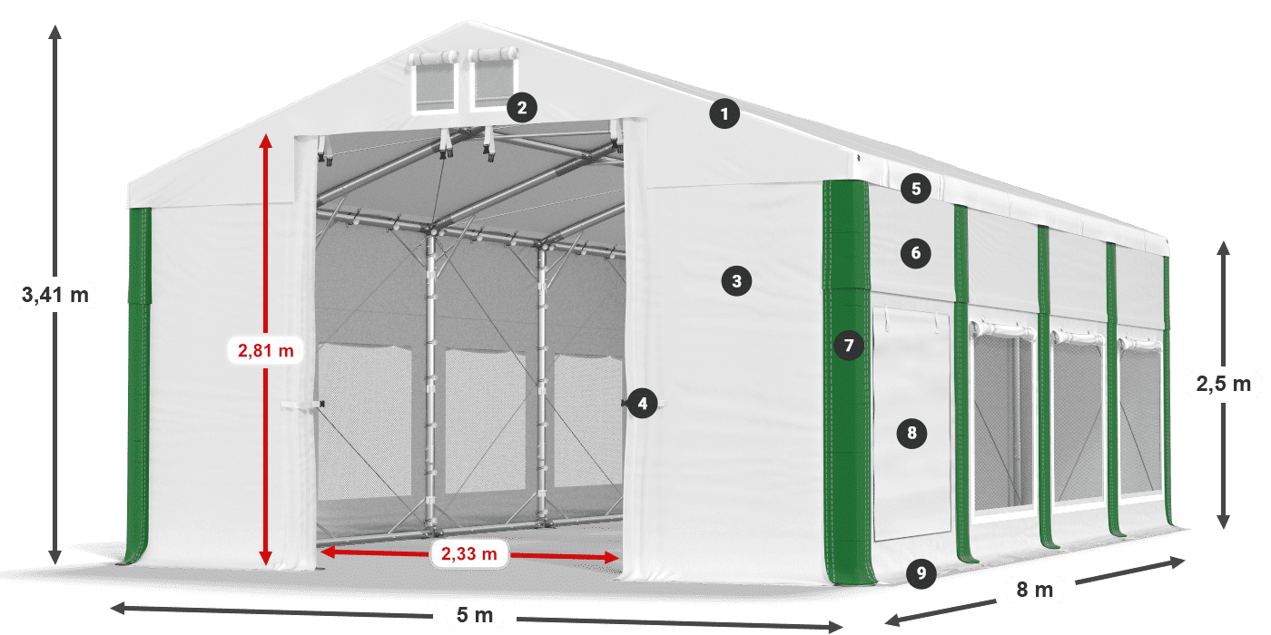 Střecha: MS 580 PVC Stěny: SD M 500 PVC 2,5 m legenda