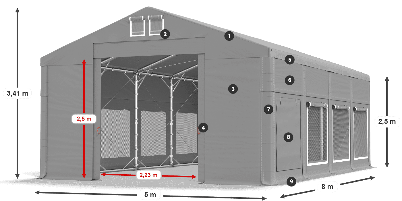 Střecha: MS 580 PVC Stěny: SD M 500 PVC 2,5 m legenda