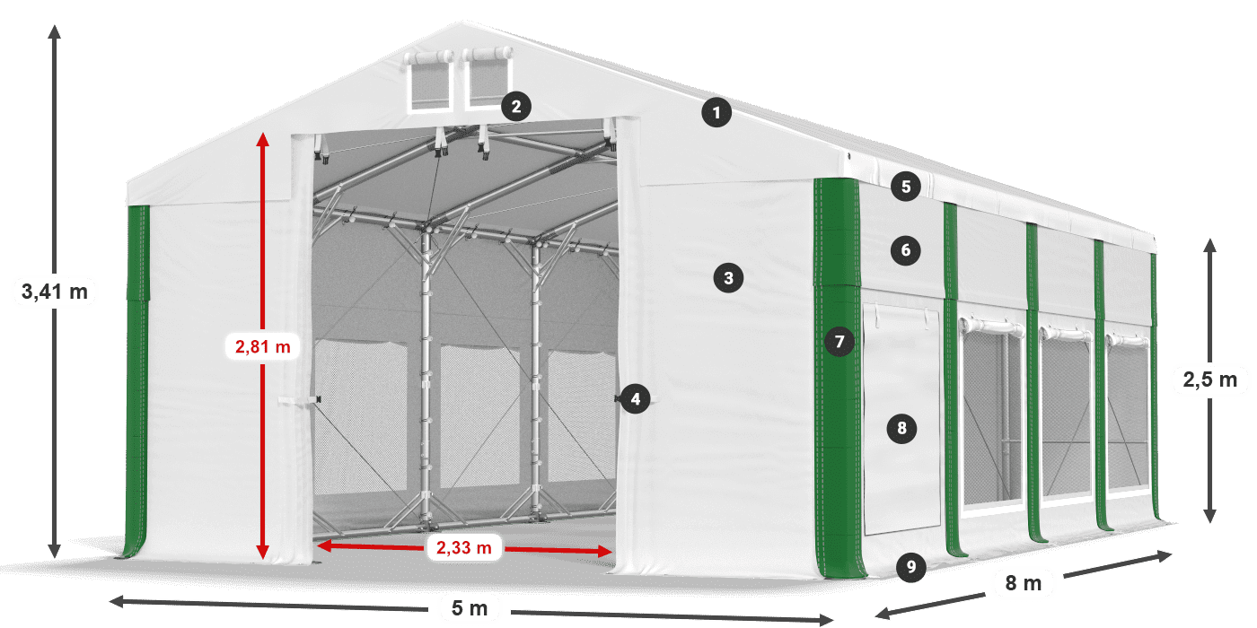 Střecha: MS 580 PVC Stěny: SD M 500 PVC 2,5 m legenda