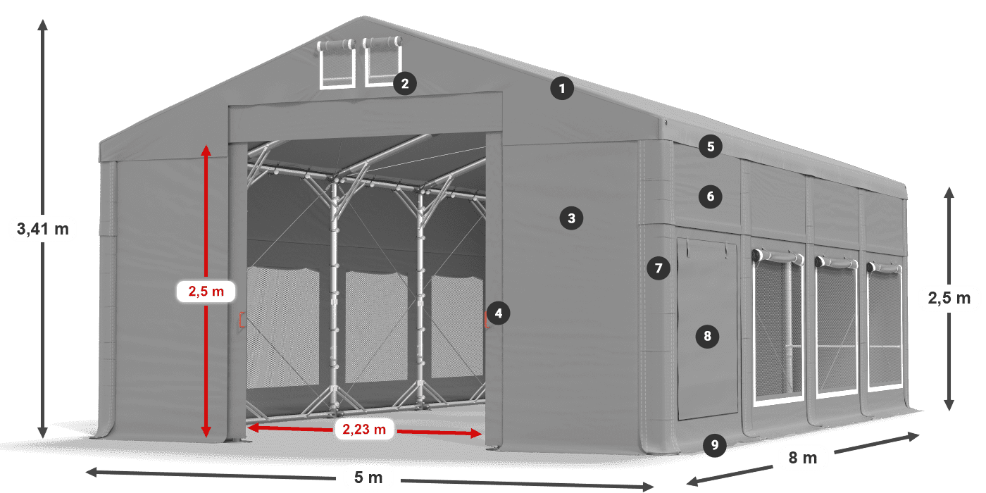 Střecha: MS 580 PVC Stěny: SD M 500 PVC 2,5 m legenda