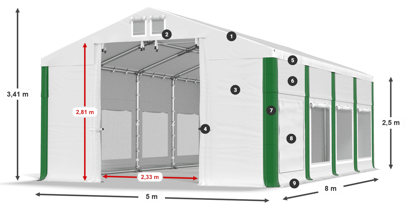 Střecha: MS 580 PVC Stěny: SD M 500 PVC 2,5 m legenda